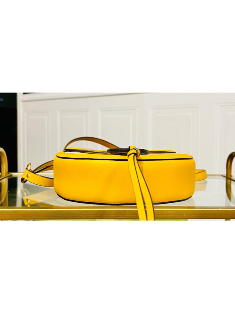 Tory Burch Miller Canvas & Leather Saddle Bag Yellow/Natural Crossbody - Picture 5 of 10